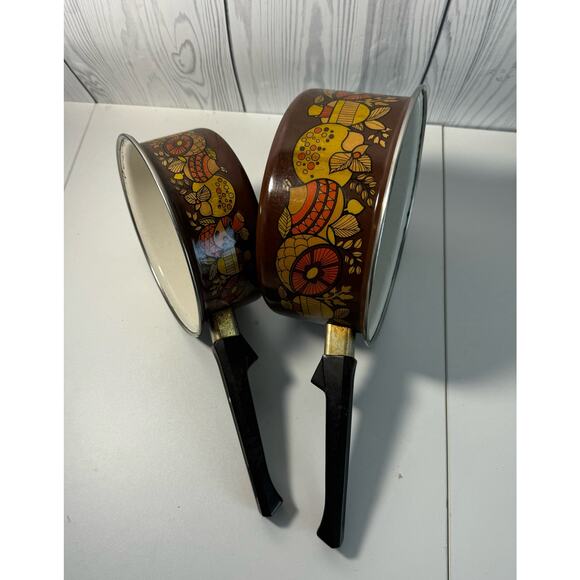 MCM 7o's Retro MUSHROOM & FRUIT Brown Orange Yellow Set of 2 Saucepans r1 - Picture 4 of 7